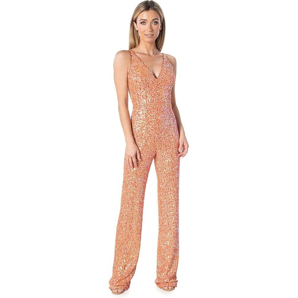 Dress The Population Jumpsuit Women‎ Charlie XL Apricot Multi Sequin V-Neck $298